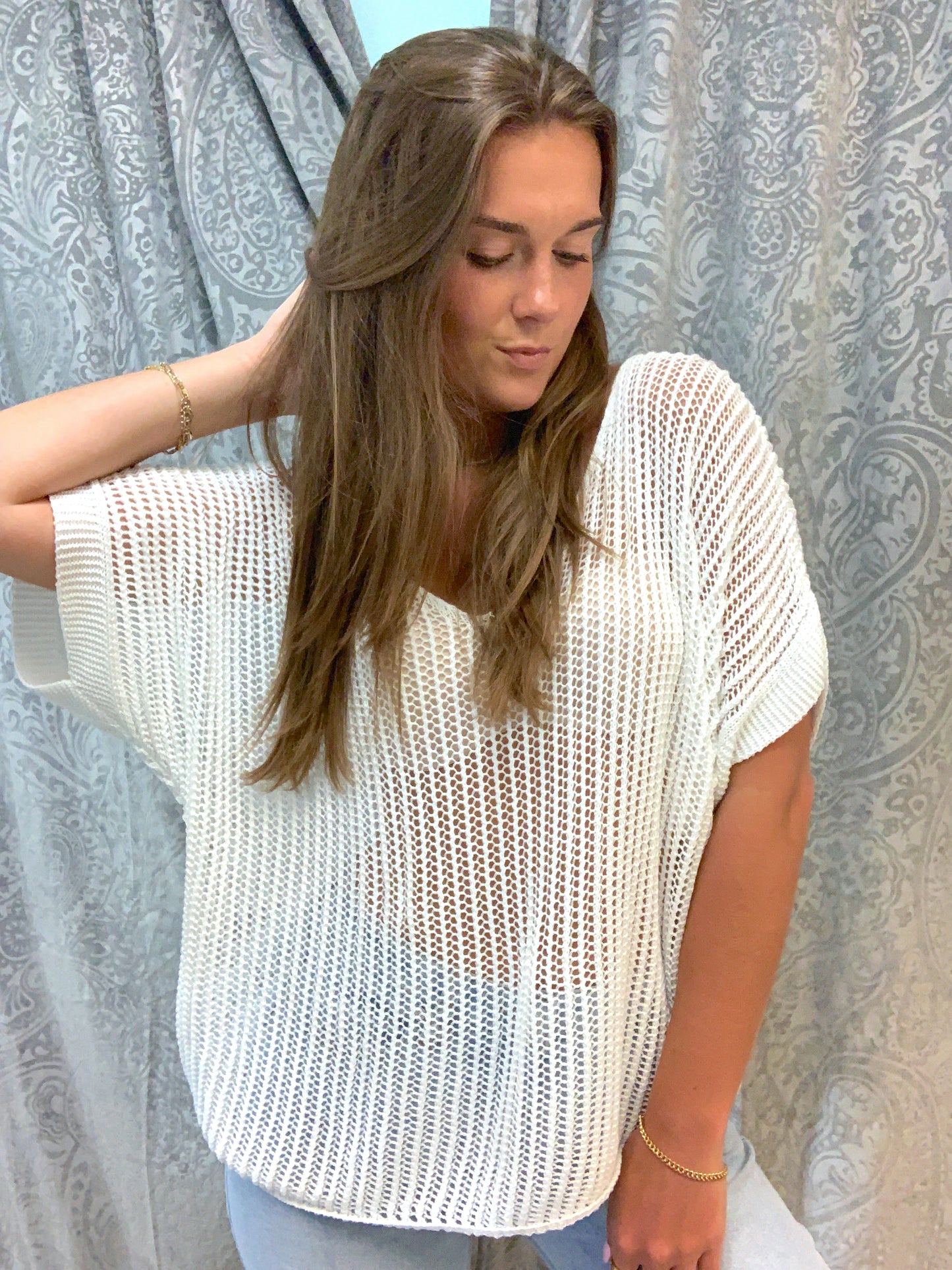 White Crochet V Neck