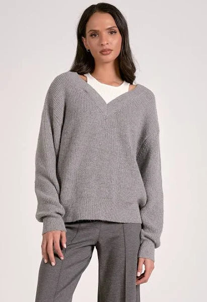Deep V Neck Sweater - Gray & White