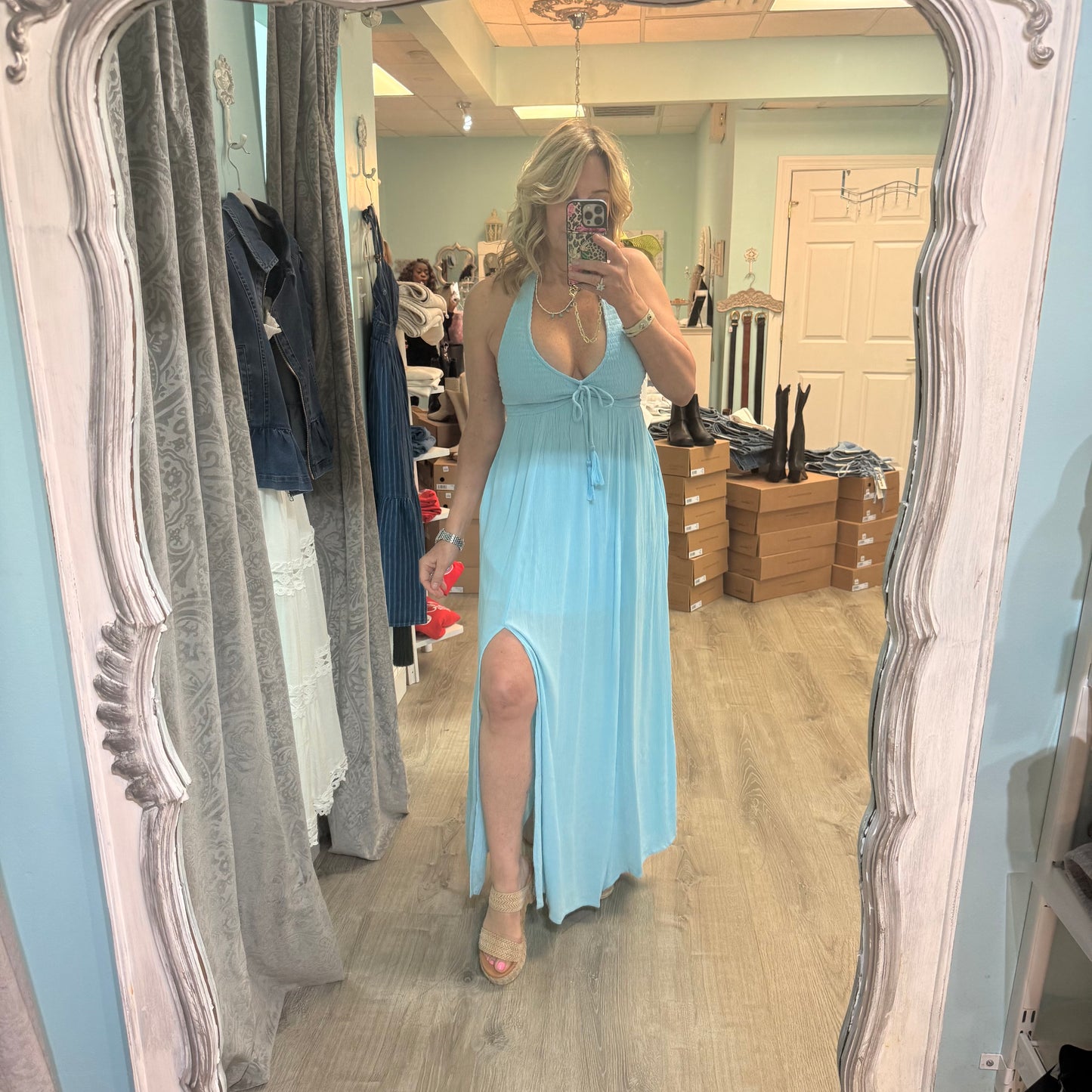 Blue Splash Halter Maxi Dress