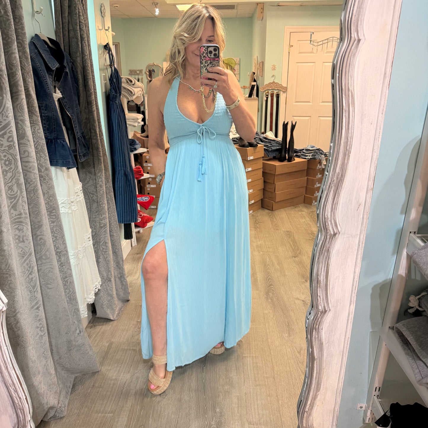 Blue Splash Halter Maxi Dress