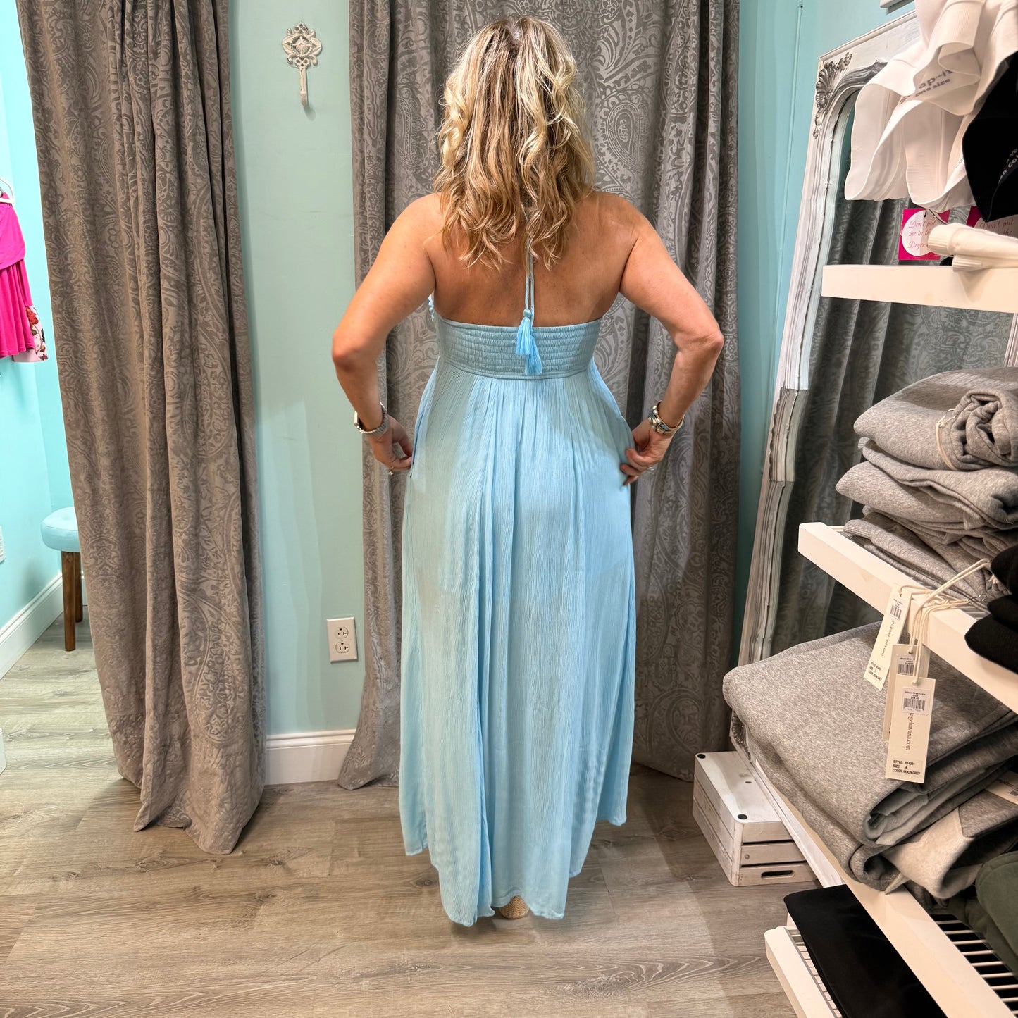 Blue Splash Halter Maxi Dress