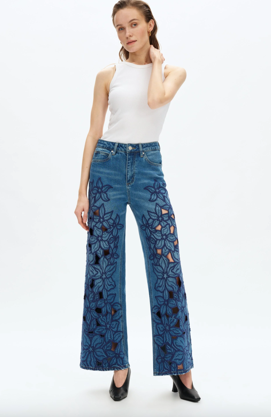 Denim Jeans with Blue Flowers